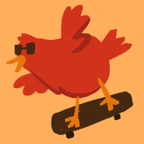 Red, chicken-like bird wearing sunglasses rides a skateboard.